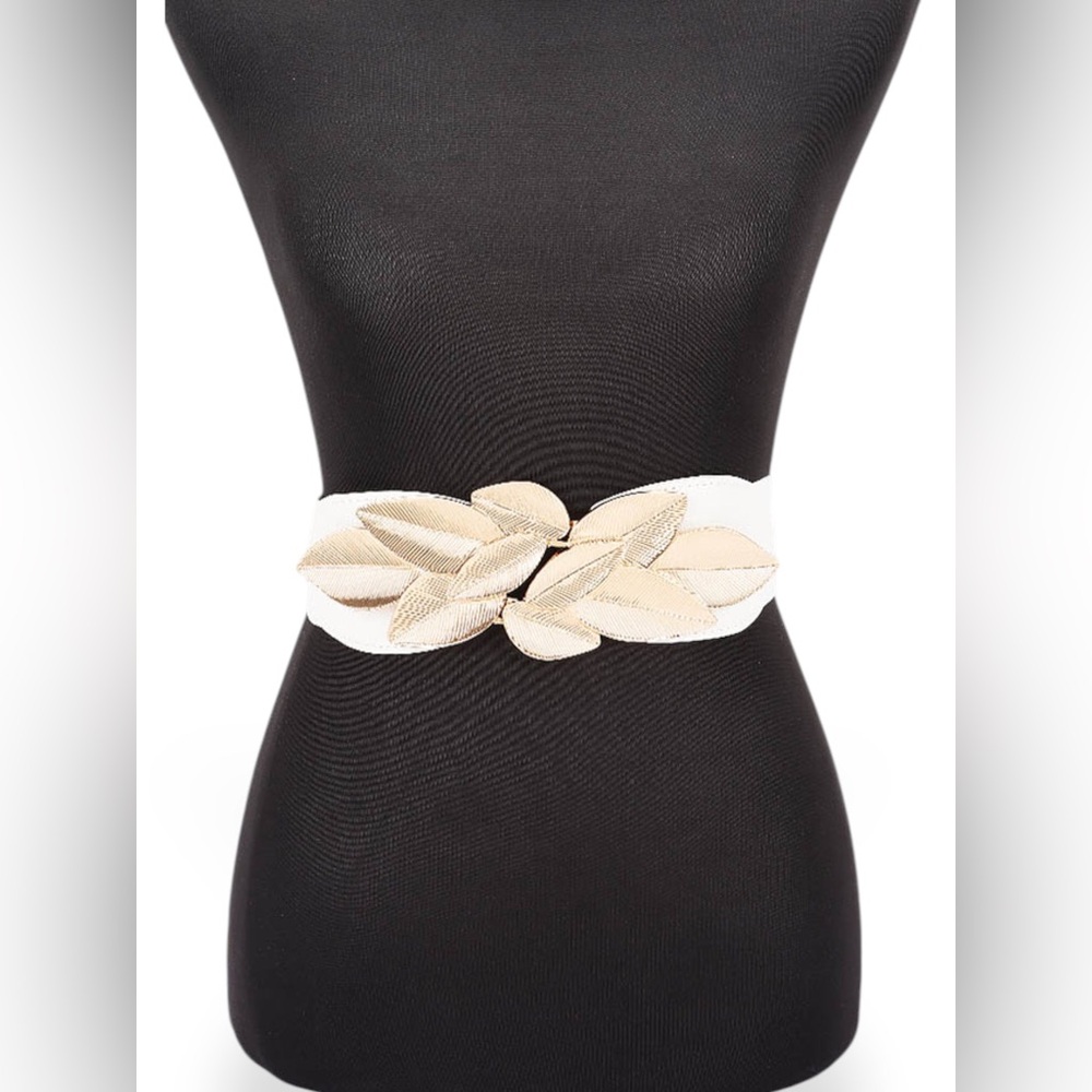 Elastic Waist Statement Belt with Gold Leaf Accent